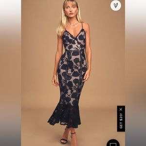 LULUs Alluring Dream Navy Blue Floral Mesh Lace Trumpet Midi Dress